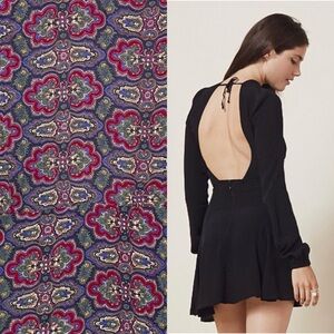 REFORMATION Paisley Crepe Long Sleeve Open Back Tie Neck Skater Mini Dress XXS